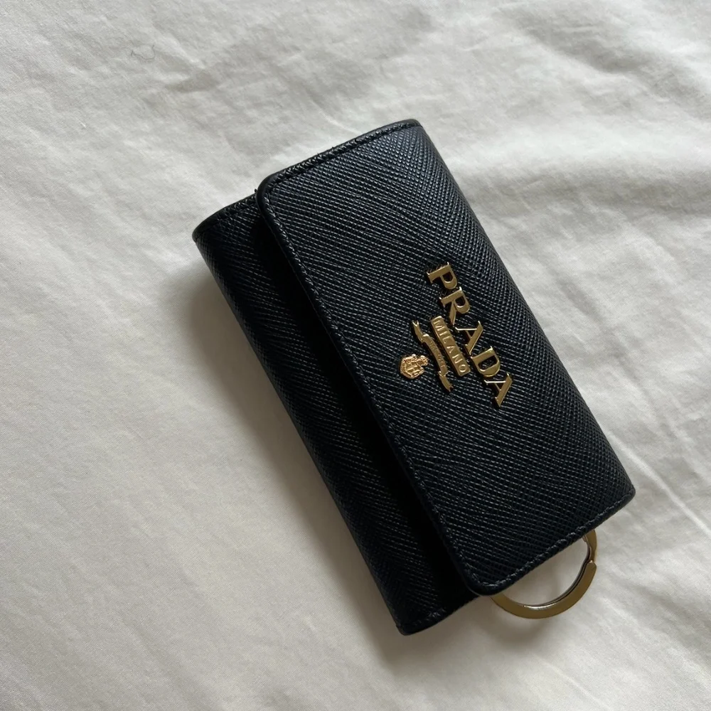 Prada Black Saffiano Leather Key & Card Holder with Gold Logo